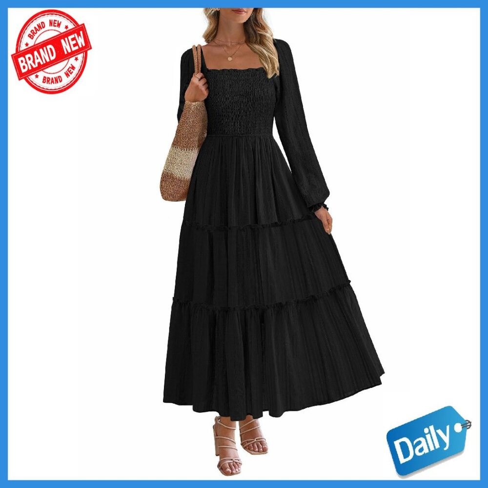 Long Sleeve Smocked Maxi Dress With Pockets, Flowy Ruffle Wedding Guest